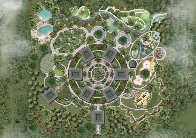 render detailed 2d site plan, tree house design, 3d landscape architecture, skp