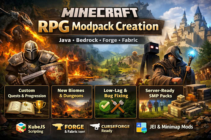 create minecraft java rpg modpack bedrock forge or fabric smp servers bug fixing