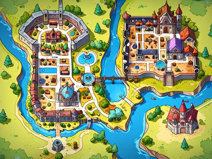 draw unique cartoonic fantasy vector map, event maps, city maps, illustration