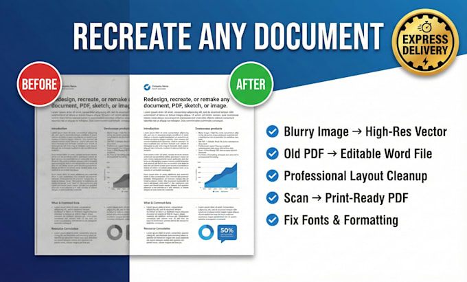 redesign, recreate any document, PDF, sketch, or image