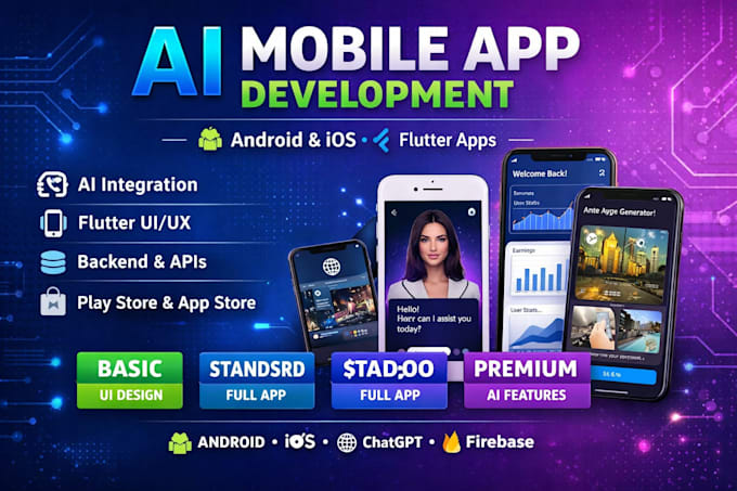 Develop ai mobile app, mobile app development, flutter ui, andriod and ...