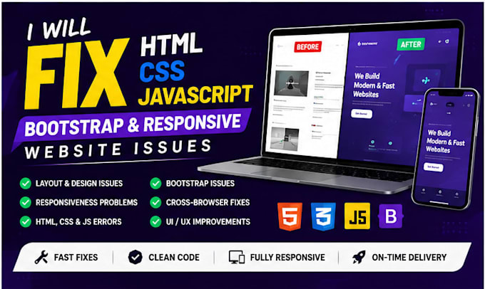 fix HTML CSS javascript bootstrap and responsive website issues