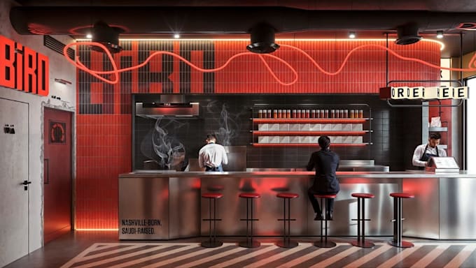 turn 2d into 3d modern burger bar interior, restaurant concept, lounge render