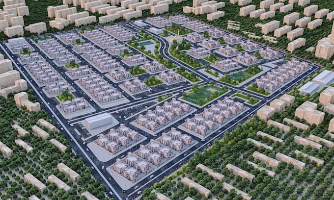 buildup community house unit, render master plan, urban development, aerial view
