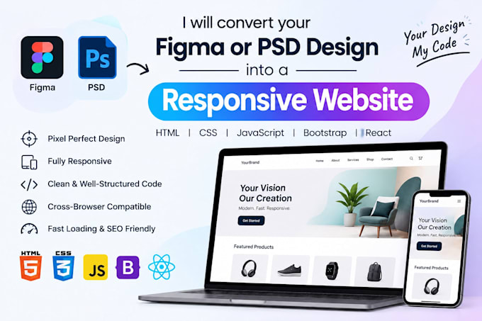 convert figma to responsive HTML CSS js react websites