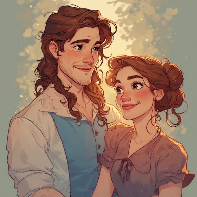 create a romantic couple portrait in my art style