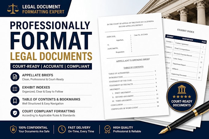 format legal documents, court filings, briefs, and create exhibit indexes
