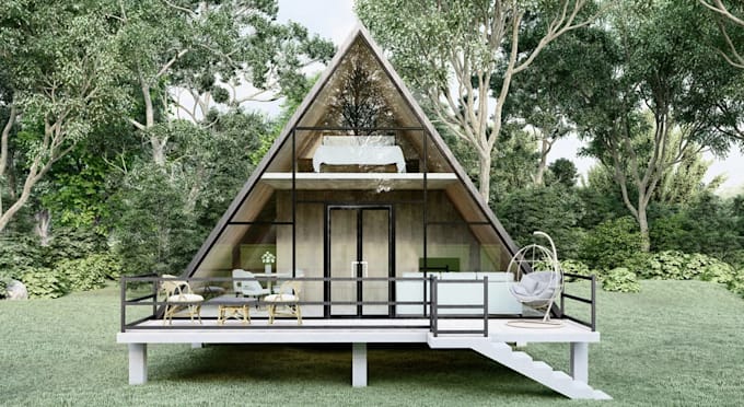 recreate 3d modern cabin exterior, glaze frame house, tiny house, cottage render