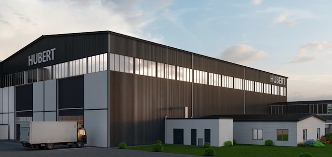 construct exterior space layout,3d industrial warehouse,office block rendering