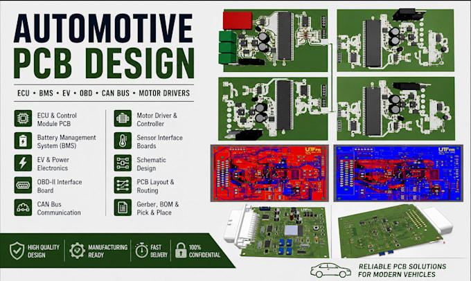 design automotive pcb ecu bms ev obd can bus vehicle electronics motor drivers