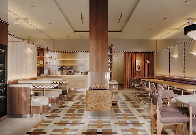 3d modern interior design, render minimalist restaurants in cozy style, cgi cafe