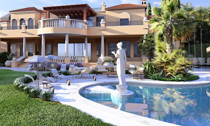 do landscape design, garden design, backyard, pool, and 3d render