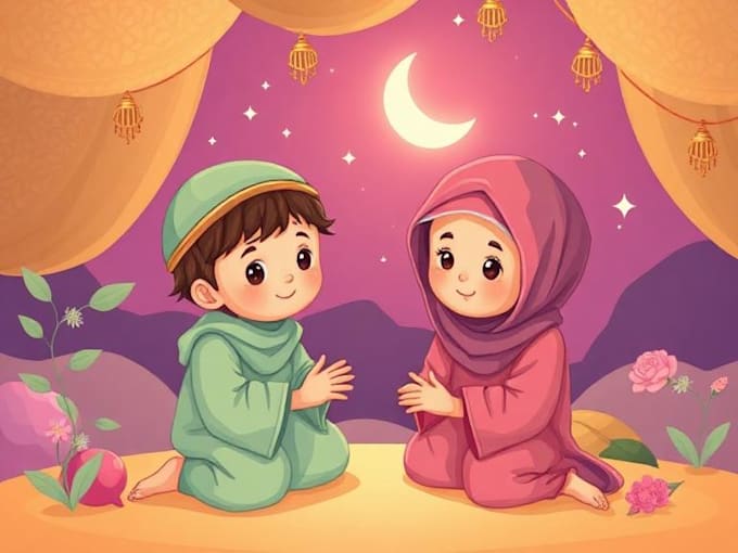 illustrate cute islamic children storybook illustration