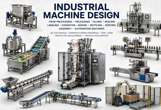 design industrial food processing packaging machine cad model for manufacturing