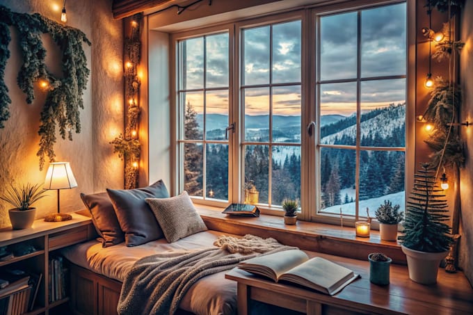 create cozy lofi aesthetic room or window view