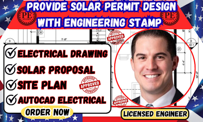 united state solar permit design with engineering stamp, drafting autocad plan