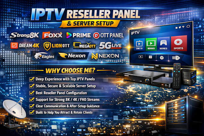 do reseller panel, server setup, strong8k, mega ott, xui server, sltv, lion, b1g