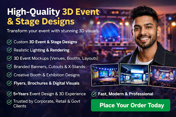 create a 3d stage lighting and stage design for your event, event visuals