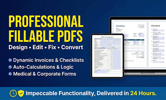 design editable fillable PDF, invoice, medical form, checklist, or questionnaire