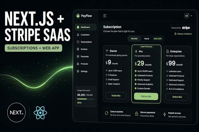 build a nextjs stripe subscription web app and saas platform