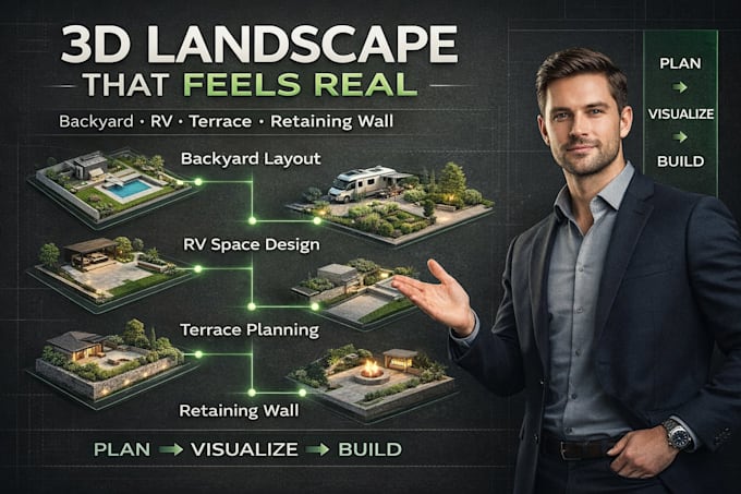 design 3d landscape rendering, retaining wall, terrace, rv, backyard and layout