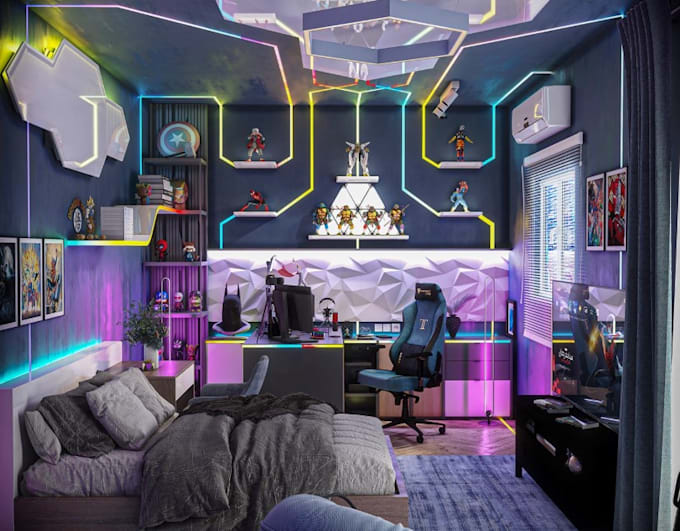 turn 2d to 3d stunning gaming room interior, streaming studio,kid bedroom render