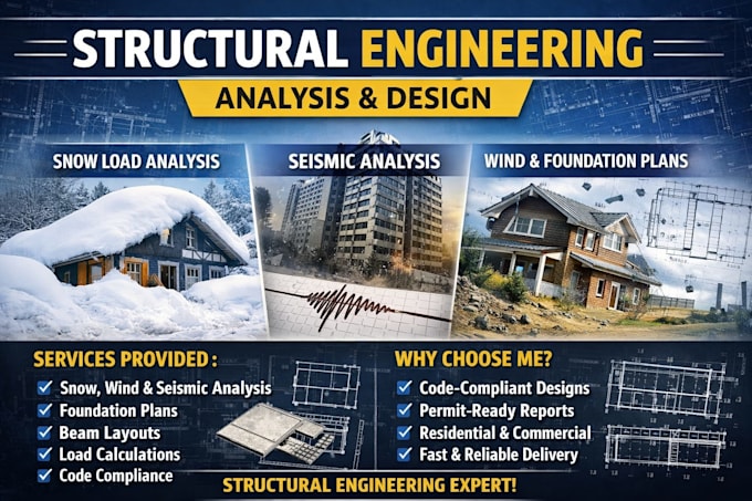 prepare snow load, seismic and wind analysis, foundation plans, beam layouts