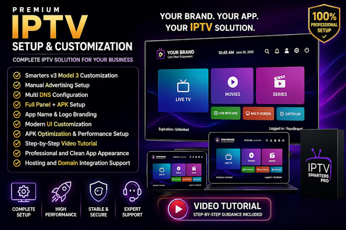customize smarters v3 iptv app with apk branding, multi dns and full panel setup
