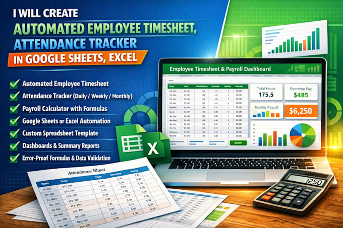create automated employee timesheet, attendance tracker in google sheets, excel