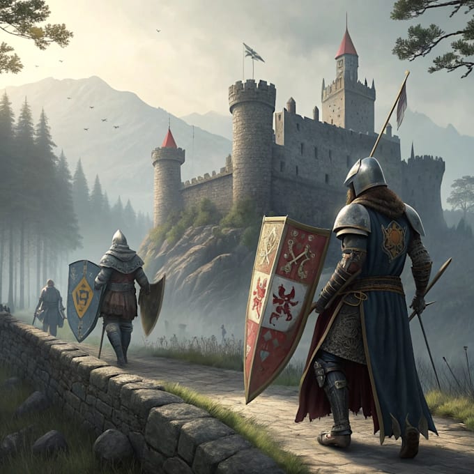 draw concept art of knights, medieval, fanatsy character