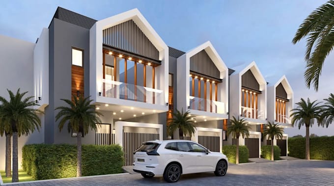 do row house renovation design, street 3d visualization, exterior park rendering