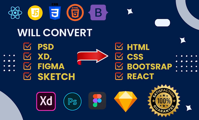 convert your PSD  xd figma sketch to HTML responsive website