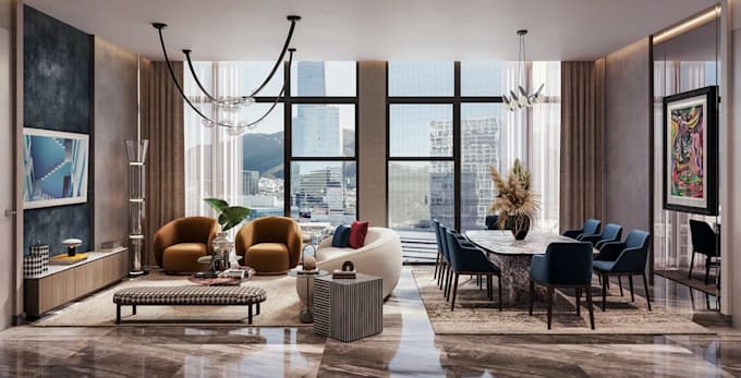 turn space to modern interior render, virtual stagging, open plan layout design