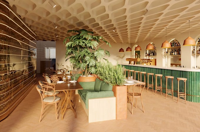 Photorealistic 3d restaurant interior, bar furniture layout, coffee ...