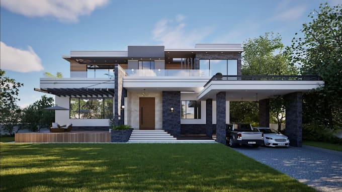 draw residential building 2d plan, model 3d villa exterior, architectural render