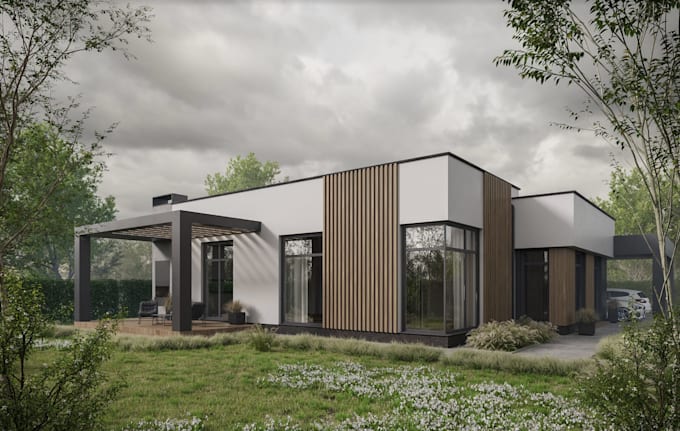 render contemporary home, architecture building structural drawing, 3d external