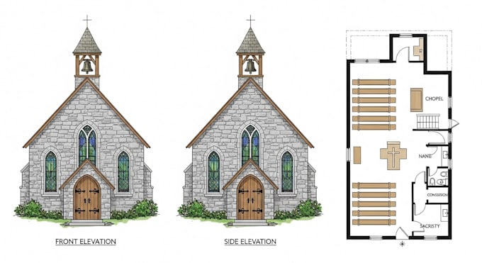 Provide church design for both interior and exterior design, 3d ...