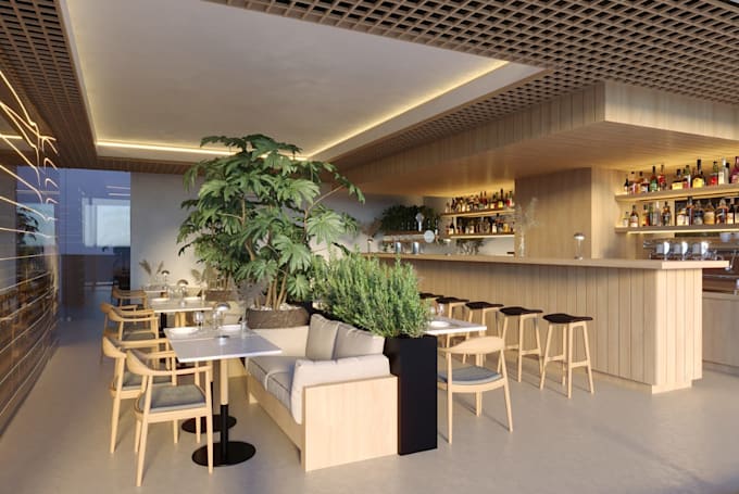 relayout luxury restaurant interior, gastronomy space design, food court render