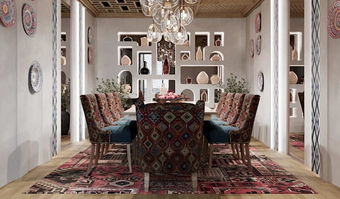 visualize 3d guest room, fine dining design, vip, realistic interior rendering