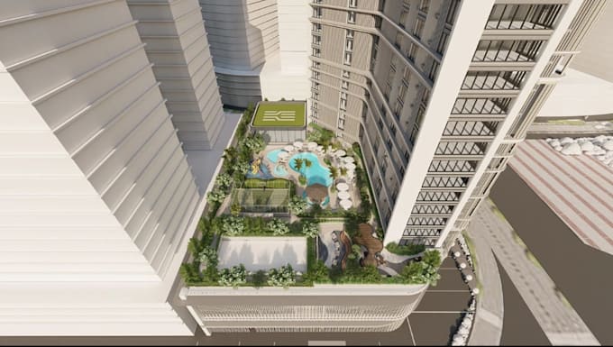 design modern residential tower, building landscape, render lounge interior