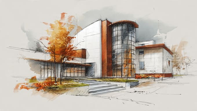 sketch architecture building with watercolor rendering