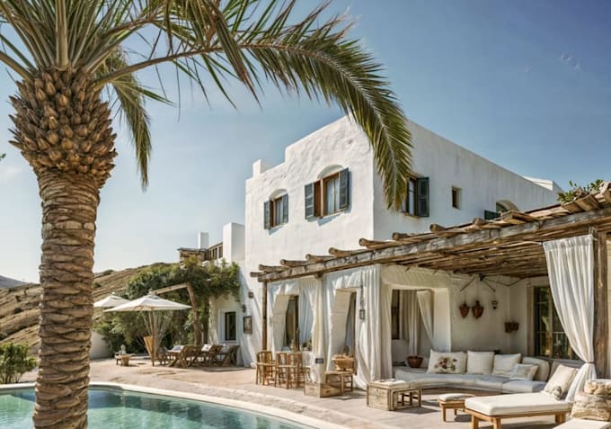 remodel mediterranean villa, realistic home facade, villa pool 3d modeling, cgi