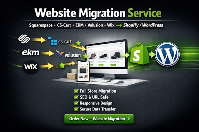 migrate squarespace cs cart ekm volusion wix website to wordpress shopify store
