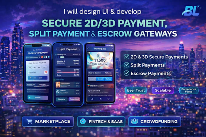 develop secure 2d and 3d payment, split payment, escrow gateway systems