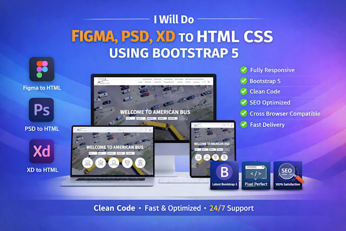 transform figma, psd, xd to html css using bootstrap 5