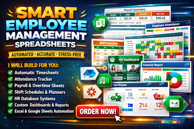 create automated excel timesheet, attendance tracker, payroll employee sheet