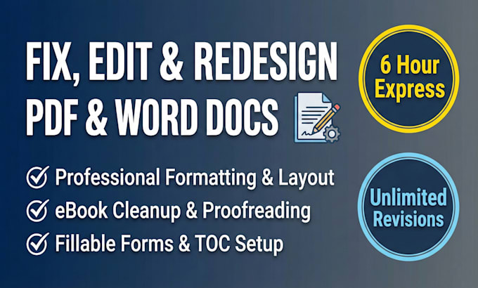 create, fixing, update, proofread, or redesign PDF, word, and book documents