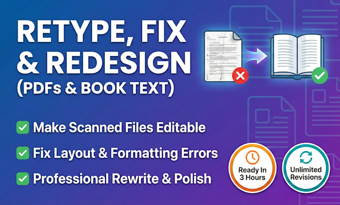 recreate, retype, rewrite, fixing, changes, and redesign your book text, PDF