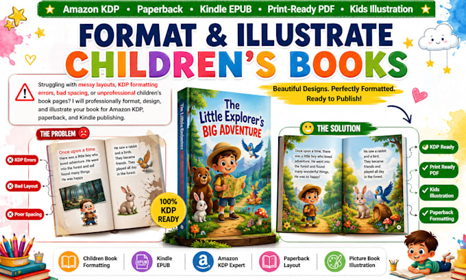 design and format children book for amazon KDP, paperback, kids illustration