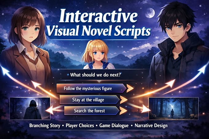 write interactive branching detective story scripts for visual novels